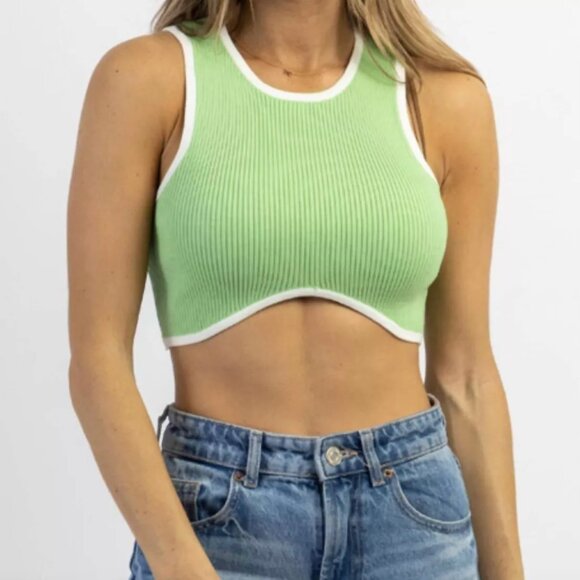 Brooklyn Karma Green Ribbed Contrast Trim Crop Tank Top Size L - Picture 1 of 6